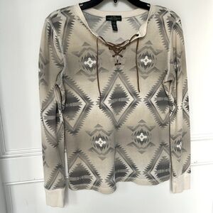 Lauren Ralph Lauren Southwestern Thermal Aztec Henley Knit Top Ribbed medium